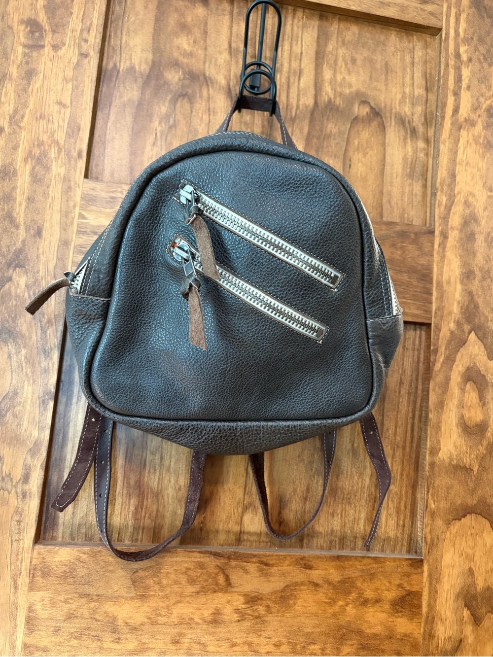 Compact Leather Backpack with Silver Zippers - Dark Brown